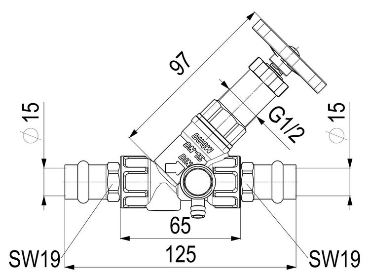 Technische Zeichnung eines Schrägsitzventils mit Maßangaben in Millimetern und Anschlussgröße G 1/2 Zoll.