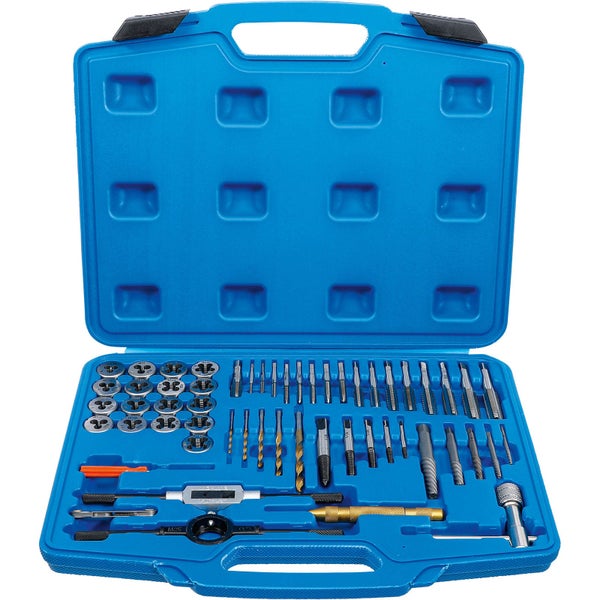 Gewindeschneider- und Schneideisen-Satz in einem blauen Werkzeugkoffer