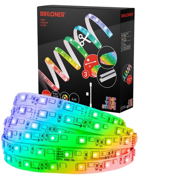Briloner LED-Streifen Erweiterungsset 4 Meter mit Farbwechsel und warmweißem Licht, kürzbar und verbindbar. Briloner Logo.