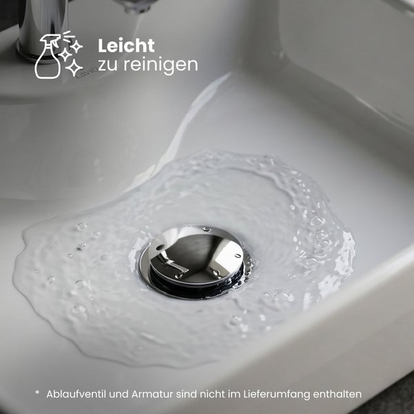 Weißes Waschbecken mit Wasserfluss um den Abfluss und Hinweis auf leichte Reinigung.