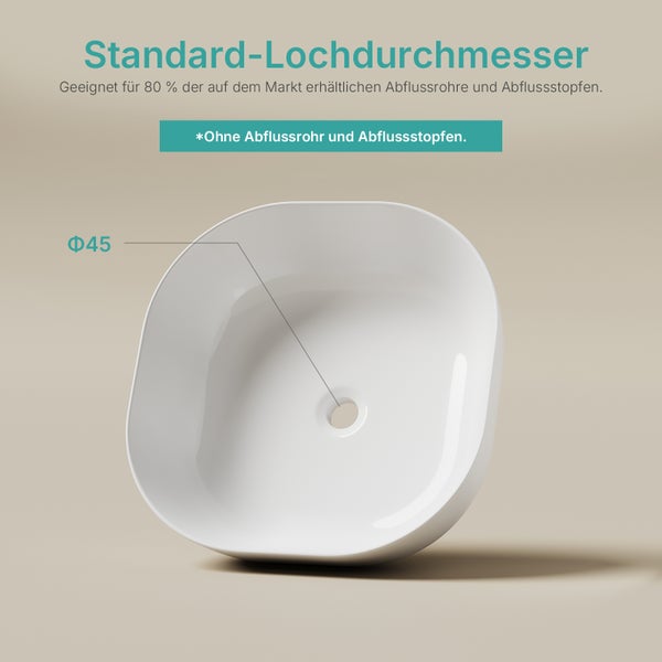 Quadratisches Aufsatzwaschbecken mit abgerundeten Ecken, 45 Millimeter Standard-Lochdurchmesser, ohne Abflussrohr und Abflussstopfen.
