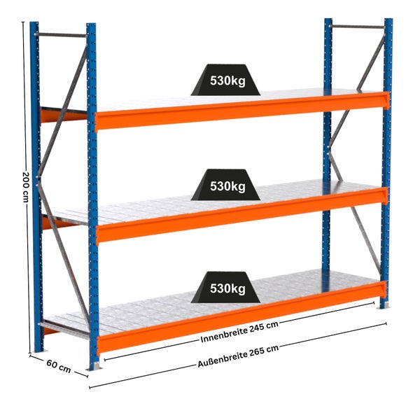 Stabiles Schwerlastregal mit drei Ebenen und einer Traglast von 530 Kilogramm pro Ebene