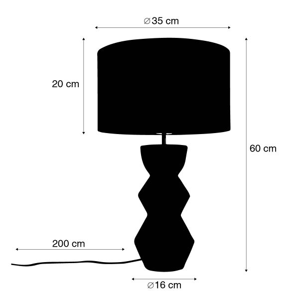 Abmessungen der Tischleuchte: Durchmesser des Lampenschirms 35 cm, Höhe des Lampenschirms 20 cm, Gesamthöhe 60 cm, Durchmesser des Sockels 16 cm und Kabellänge 200 cm.