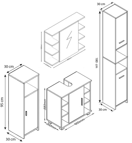 4-tlg. Komplett Badmöbel Badschrank Set Zalo ll