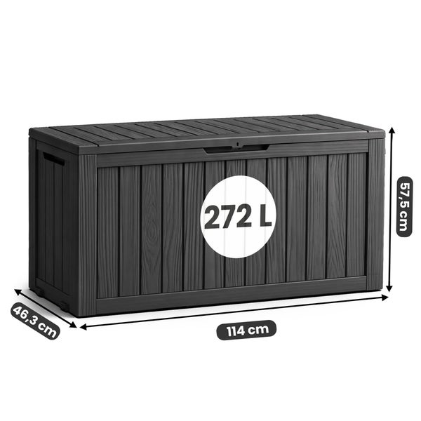 Gartenbox mit 272 Litern Fassungsvermögen, Breite 114 Zentimeter, Tiefe 46,3 Zentimeter, Höhe 57,5 Zentimeter.