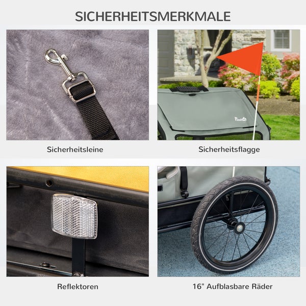 PawHut 3-in-1 Hundeanhänger Haustierhaus, Lastenanhänger Hundefahrradanhänger, Hundewagen mit Reflektoren für kleine Hunde bis 10 kg, Oxford, Grau