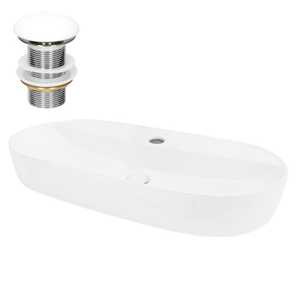 ML-Design Waschbecken aus Keramik in Weiß 80x40x12 cm Oval inkl. Ablaufgarnitur, Moderne Aufsatzwaschbecken, Design Waschtisch Aufsatz-Waschschale Waschplatz Handwaschbecken, für Badezimmer/Gäste-WC