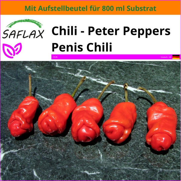 SAFLAX Garden in the bag - Chili - Peter Peppers Penis Chili - Capsicum annuum - 10 Samen - Mit Anzuchtsubstrat im praktischen, selbst aufstellenden Beutel