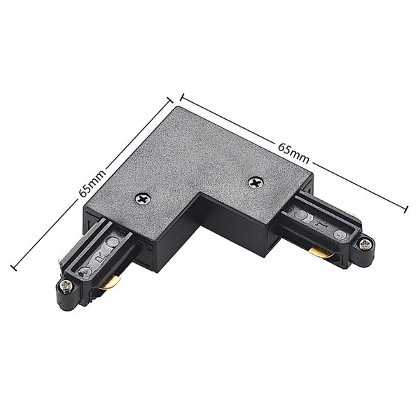 L-Verbinder für Schienensysteme in Schwarz mit Abmessungen von 65 Millimeter mal 65 Millimeter.