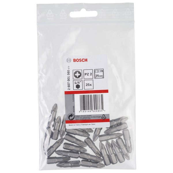 Bosch Logo. 25 Schrauberbits mit der Größe PZ 2 und einer Länge von 25 mm in einer Verpackung.