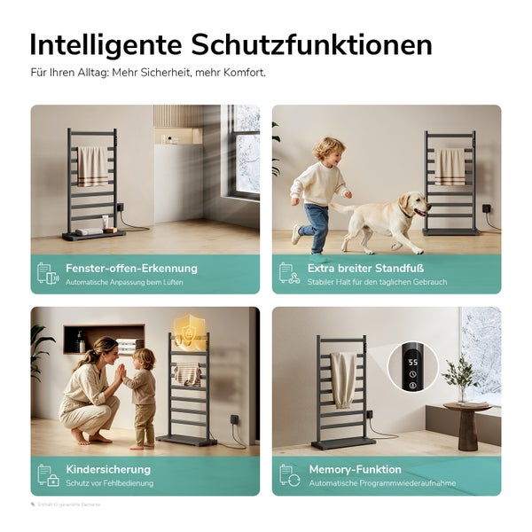 Infografik zeigt Sicherheitsmerkmale eines elektrischen Handtuchtrockners: Fenstererkennung, stabiler Standfuß, Kindersicherung und Speicherfunktion.
