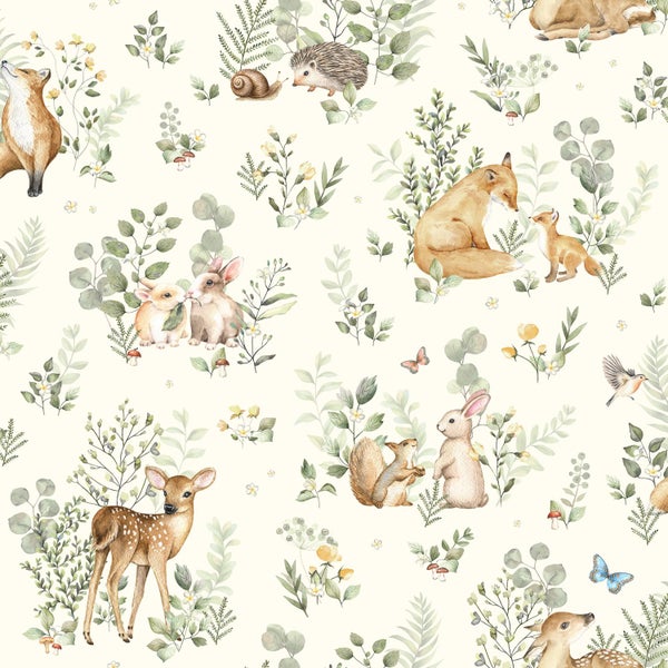 Tapete mit Waldtier-Motiven im Aquarell-Stil, zeigt Rehe, Füchse, Hasen und Eichhörnchen zwischen Pflanzen und Blumen.