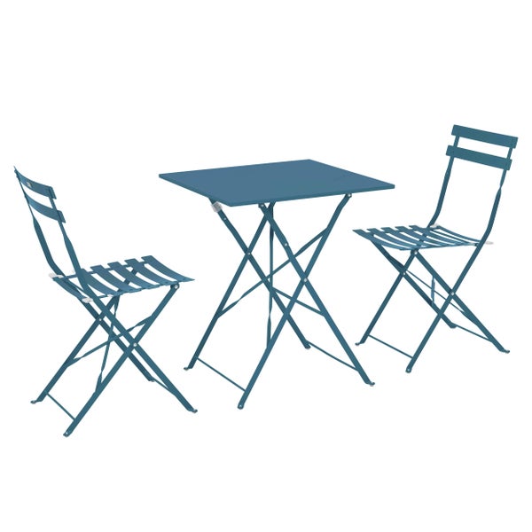 Dreiteiliges Balkonset aus Metall in Dunkelblau, bestehend aus einem quadratischen Klapptisch und zwei Klappstühlen.