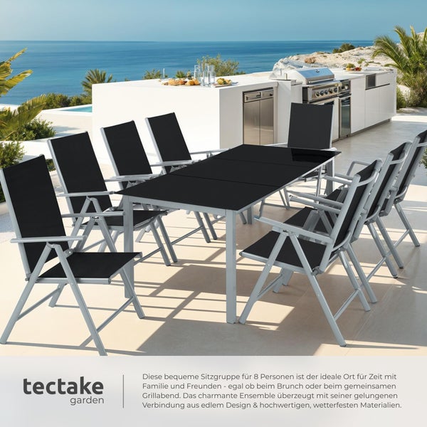 Sitzgruppe tectake Pompeii Tisch mit Sicherheitsglasplatten und Ausgleichsschrauben mit Aluminiumgestell, für 8 Personen silber