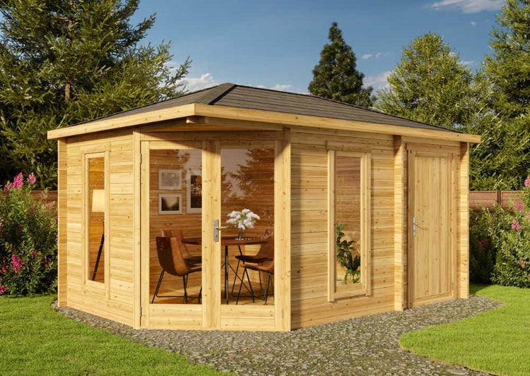 Alpholz 5-Eck Gartenhaus Liwa Compact mit Anbau Gartenhaus aus Holz in natur, Holzhaus mit 28 mm Wandstärke, Blockbohlenhaus mit Montagematerial imprägniert 4,4x3m