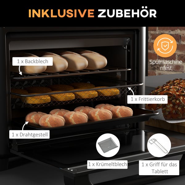 HOMCOM Minibackofen mit Umluft, 13L, mit Backblech, 40 °C-220 °C, mit 12 Programmen, 12h Timer, 1500W, 33,5L x 32B x 32,5H cm, Edelstahl, Schwarz