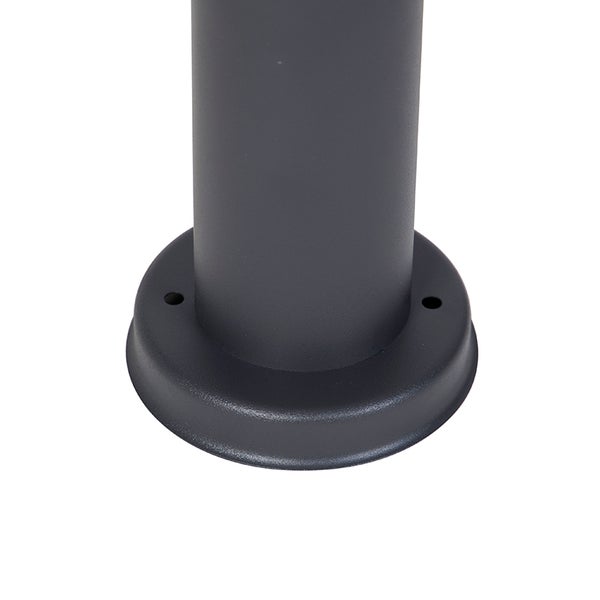 Sockel einer Außenleuchte aus anthrazitfarbenem Metall mit runder Standfläche und Befestigungslöchern.