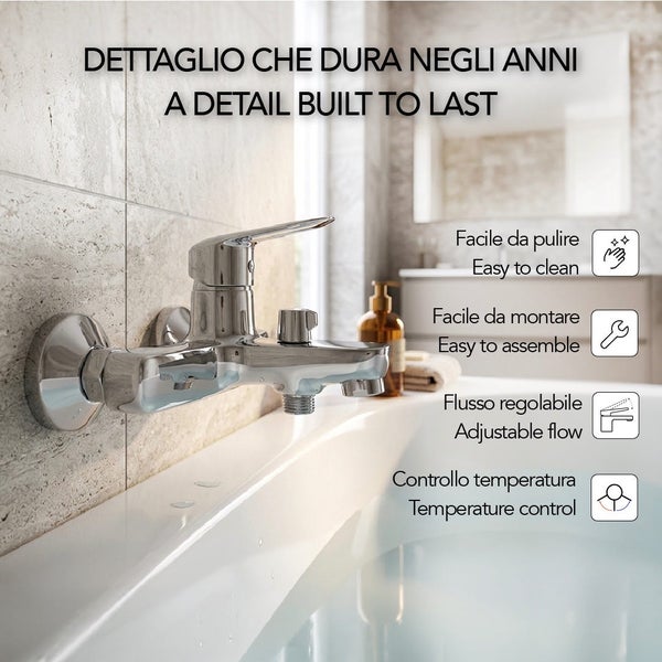 Verchromte Wannenarmatur über Badewanne. Symbole für einfache Reinigung, Montage, einstellbaren Durchfluss und Temperaturkontrolle.
