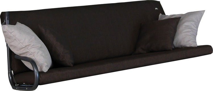 Polsterauflage Set für Hollywoodschaukel mit Sitzkissen, Rückenkissen und Dekokissen aus strukturiertem Stoff in Braun und Grau.