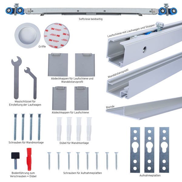 Schiebetürbeschlag Set mit Softclose, Griff, Laufschienen, Schrauben und Werkzeug zur Montage