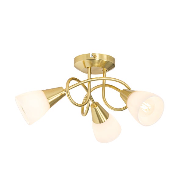 Dreiflammige Deckenleuchte mit Messing-Optik und weißen Lampenschirmen