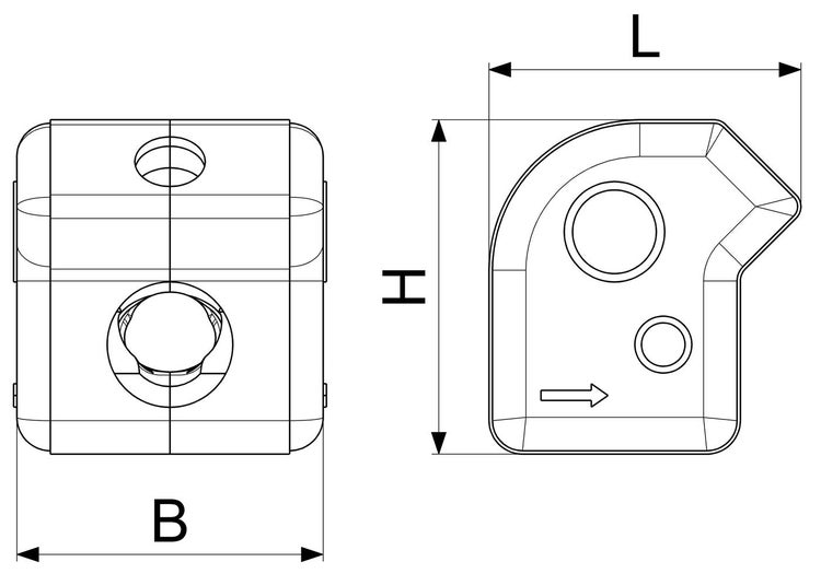 Technische Zeichnung mit Maßangaben für ein Gehäusebauteil