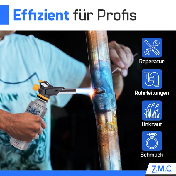 ZMC Gasbrenner 1,3kW mit 4 Gaskartuschen 227g, Flambierbrenner bis 1300°C, Küchenbrenner & Bunsenbrenner, Lötbrenner & Schweißbrenner mit einstellbarer Flamme, ideal für Küche & Handwerk