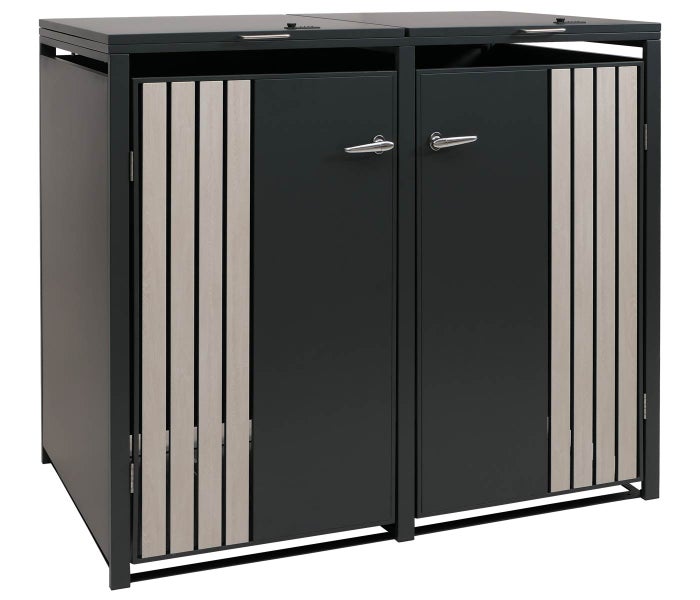 Mülltonnenbox für zwei Mülltonnen mit Metallrahmen und Holzelementen