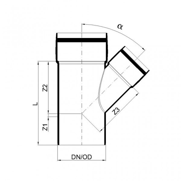 Technische Zeichnung eines HT-Abzweigs mit Angaben zu Gesamtlänge, Z-Maßen, Durchmesser und Winkel.