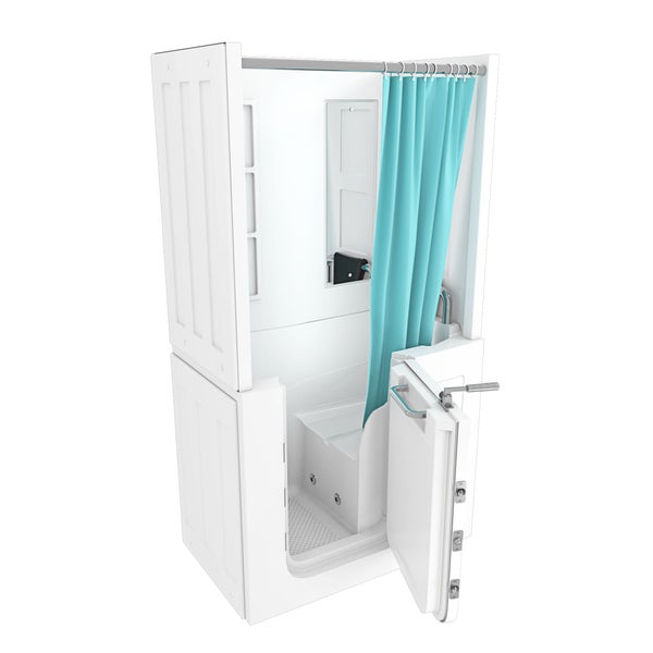 Seniorengerechte Duschbadewanne mit Tür, integriertem Sitz, Handlauf und Duschvorhang für barrierefreien Einstieg.