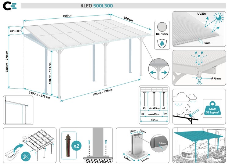 Terrassenüberdachung garten alu Weiß KLEO - Höhe verstellbar 495x300x225/270 cm - mit Polycarbonat Dach Weiß halbtransparent 6mm Auch Pergola/Carport