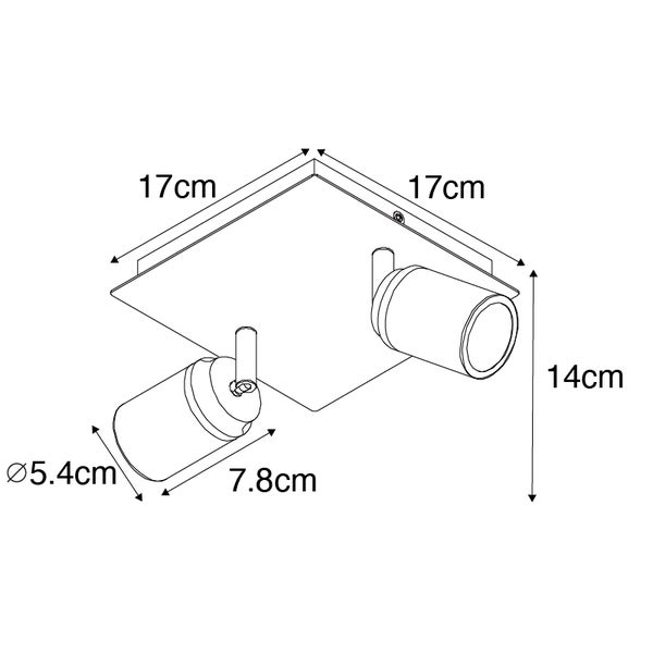Technische Zeichnung einer Deckenleuchte mit zwei Strahlern und Maßangaben
