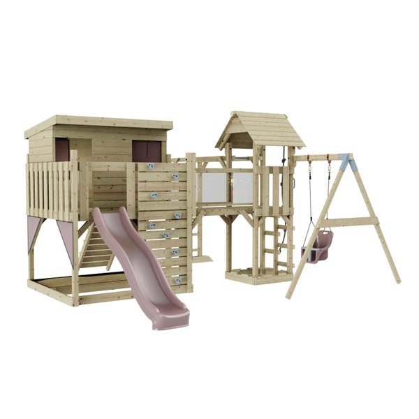 Spielplatzanlage aus Holz mit Rutsche, Schaukel und Spielhaus