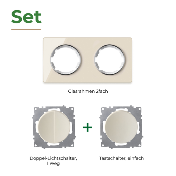 Set bestehend aus einem zweifachen Glasrahmen, einem Doppellichtschalter und einem einfachen Tastschalter zur Unterputzmontage.
