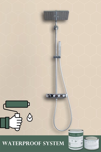 Duschsystem mit Wandabdichtung und Eimer mit Dichtmasse