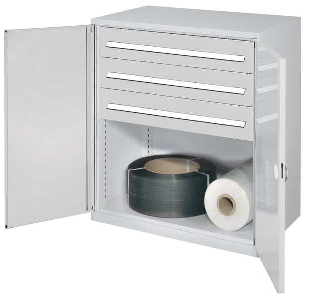 Werkstattschrank mit Schubladen und Rollen mit Umreifungsband und Wickelfolie