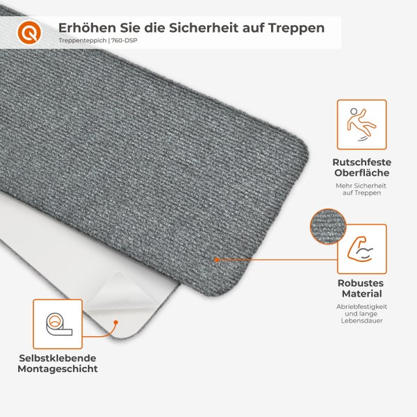 Treppenteppich mit rutschfester Oberfläche und selbstklebender Montage