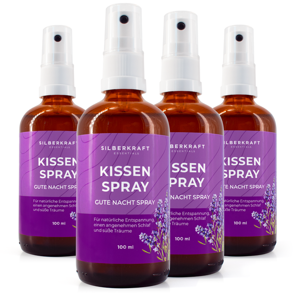 Vier Flaschen Silberkraft Kissenspray Gute Nacht Spray mit je 100 Milliliter Inhalt zur Entspannung.