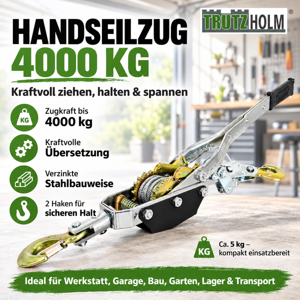 Trutzholm Handseilzug 4000 Kilogramm Zugkraft aus verzinktem Stahl mit zwei Haken fuer Werkstatt, Garten und Transport.