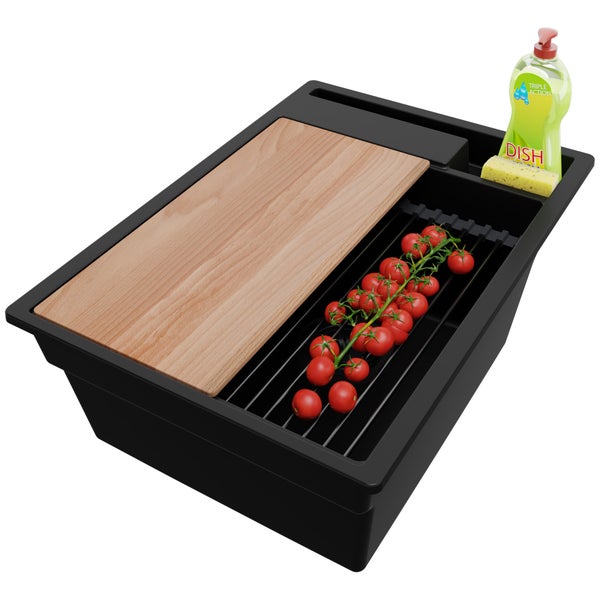 PRIMAGRAN Granitspüle Weiß 76x47cm, Spülbecken 1 Becken + Küchenarmatur 32x20cm + Ablauf-Set, Küchenspüle ab 80er Unterschrank - London Slim