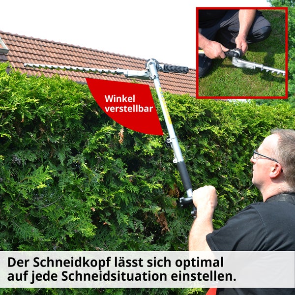 Eine Person schneidet eine Hecke mit einer Heckenschere mit verstellbarem Winkel.