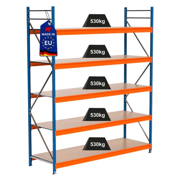 Lagerregal mit fünf Ebenen und einer Traglast von 530 Kilogramm pro Ebene, versehen mit dem Made in EU Siegel