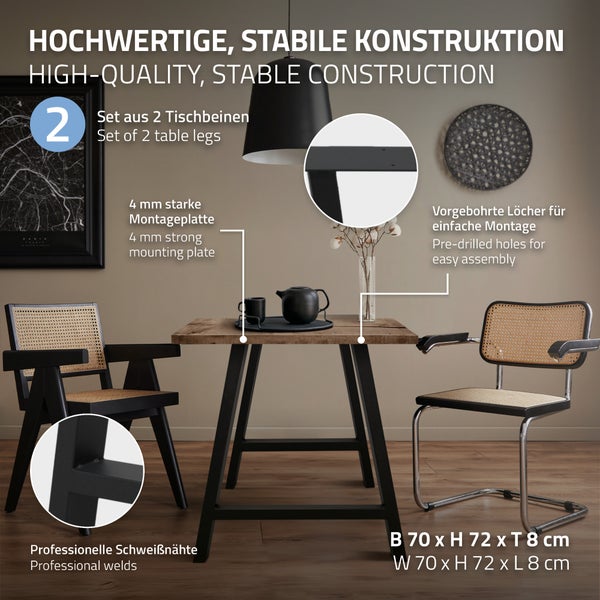 ECD Germany 2x Tischbeine A-Form A-Design, 70 x 72 cm, Schwarz, aus pulverbeschichtetem Stahl, Industriedesign, Metall Tischkufen Tischuntergestell Tischgestell Möbelfüße, für Esstisch Schreibtisch