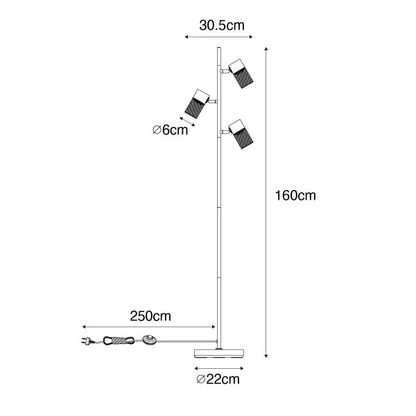 Technische Zeichnung einer Stehlampe mit den Maßen: Höhe 160 cm, Lampenschirmdurchmesser 6 cm, Sockeldurchmesser 22 cm, Ausladung 30,5 cm und Kabellänge 250 cm.