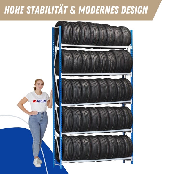 PROREGAL Reifenregal Giant Maximus Pro HxBxT 300 x 150 x 50 cm 5 Ebenen 160 kg Fachlast Lichtblau-Lichtgrau