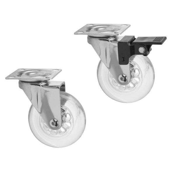 Set mit zwei Lenkrollen mit Montageplatte, eine davon mit Feststeller, aus Metall und Kunststoff