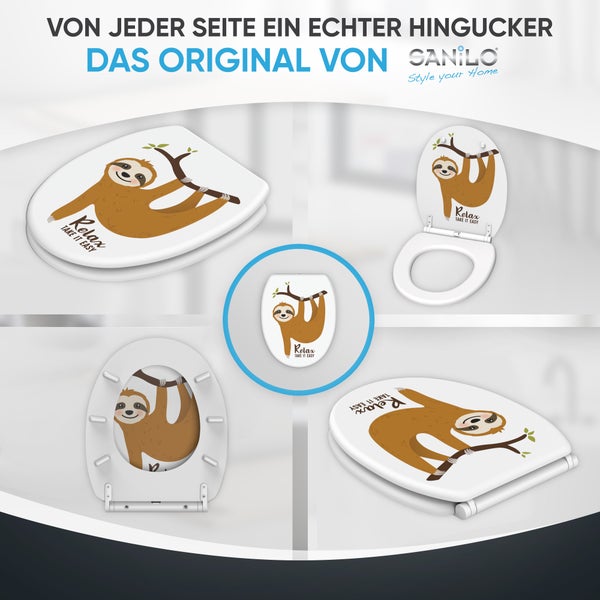 SANILO Toilettendeckel mit Faultier Motiv und Relax Schriftzug in verschiedenen Ansichten.