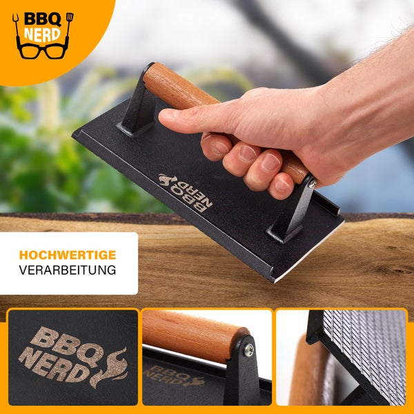 BBQ Nerd Fleischpresse aus Gusseisen mit Holzgriff - 21x11 cm rechteckig | Fleischbeschwerer Burgereisen Grillpresse | Grillgewicht für BBQ Fleisch, Steak, Bacon, Käse, Sandwiches etc.
