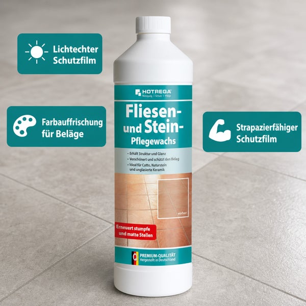 HOTREGA Fliesen und Stein Pflegewachs zur Auffrischung und zum Schutz von Bodenbelägen wie Cotto Naturstein und unglasierter Keramik