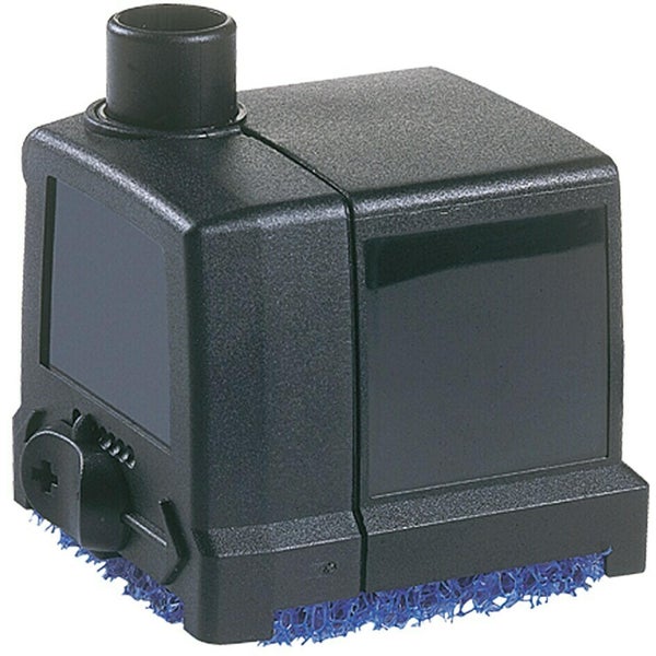 Schwarze Teichpumpe aus Kunststoff mit vertikalem Auslass und blauem Filterschwamm.
